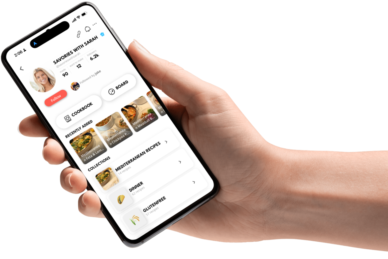 The Pepper app profile for Savories with Sarah — recently added recipes and Mediterranean, Dinner and Gluten-free collections, shown on a phone held in hand