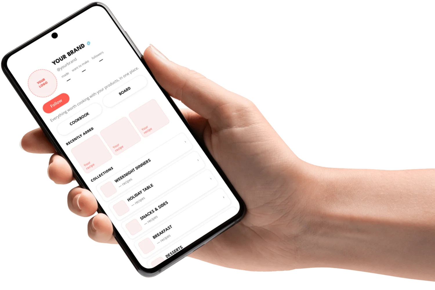 A placeholder Pepper brand profile for "Your brand", shown on a phone held in hand